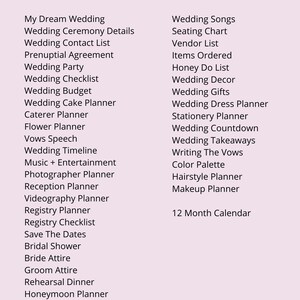 K&ouml;nnte beinhalten: Eine druckbare Checkliste f&uuml;r die Hochzeitsplanung, einschlie&szlig;lich "Mein Traumhochzeit", "Hochzeitszeremonie-Details", "Hochzeits-Kontaktliste", "Hochzeitsbudget", "Hochzeitstortenplaner", "Hochzeitszeitplan", "Musik + Unterhaltung", "Fotografenplaner", "Empfangsplaner", "Videografenplaner", "Geschenklistenplaner", "Speichern Sie die Daten", "Brautdusche", "Brautkleid", "Br&auml;utigam-Outfit", "Probeessen", "Flitterwochenplaner", "Flitterwochen-Ideen", "Reihenfolge der Ereignisse", "Hochzeitslieder", "Sitzplan", "Lieferantenliste", "Bestellte Artikel", "Honey-Do-Liste", "Hochzeitsdekoration", "Hochzeitsgeschenke", "Brautkleiderplaner", "Papeterieplaner", "Hochzeitscountdown", "Hochzeitsmitbringsel", "Das Schreiben der Gel&uuml;bde", "Farbpalette", "Friseurplaner", "Make-up-Planer" und "12-Monats-Kalender".