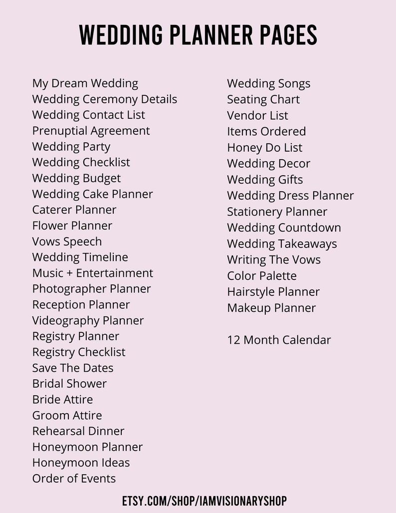 K&ouml;nnte beinhalten: Eine druckbare Checkliste f&uuml;r die Hochzeitsplanung, einschlie&szlig;lich "Mein Traumhochzeit", "Hochzeitszeremonie-Details", "Hochzeits-Kontaktliste", "Hochzeitsbudget", "Hochzeitstortenplaner", "Hochzeitszeitplan", "Musik + Unterhaltung", "Fotografenplaner", "Empfangsplaner", "Videografenplaner", "Geschenklistenplaner", "Speichern Sie die Daten", "Brautdusche", "Brautkleid", "Br&auml;utigam-Outfit", "Probeessen", "Flitterwochenplaner", "Flitterwochen-Ideen", "Reihenfolge der Ereignisse", "Hochzeitslieder", "Sitzplan", "Lieferantenliste", "Bestellte Artikel", "Honey-Do-Liste", "Hochzeitsdekoration", "Hochzeitsgeschenke", "Brautkleiderplaner", "Papeterieplaner", "Hochzeitscountdown", "Hochzeitsmitbringsel", "Das Schreiben der Gel&uuml;bde", "Farbpalette", "Friseurplaner", "Make-up-Planer" und "12-Monats-Kalender".