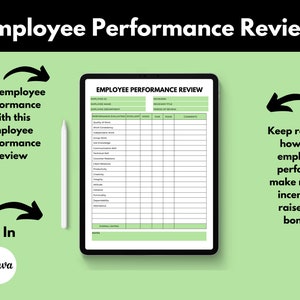 May include: A digital template for an employee performance review. The template includes sections for employee information, reviewer information, performance evaluation, comments, and overall rating. The template is designed to be used on a tablet or computer.