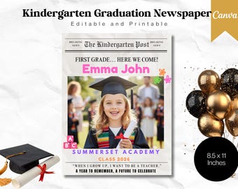 Kindergarten Graduation Newspaper Template | Editable Canva Preschool Graduation Keepsake | Digital Download