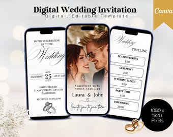 May include: Digital wedding invitation template displayed on three smartphones. The center phone shows a couple, with the text "Laura & John" and "Invite you to join them." Other phones display wedding details and timeline.