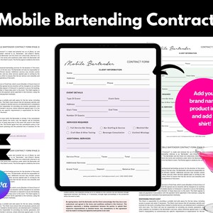 May include: A pink and purple mobile bartending contract form template with the text "Mobile Bartender" and "Contract Form". The form includes sections for client information, event details, services required, and additional services. The template is designed to be used by mobile bartenders to create contracts with clients.