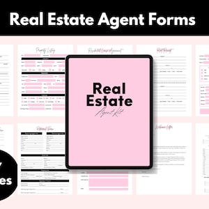 Kit de agente inmobiliario, formularios inmobiliarios, listado de propiedades, formulario de referencia, carta de bienvenida, acuerdo de subarrendamiento, carta de desalojo, editable