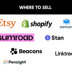 May include: A graphic with the text "WHERE TO SELL" at the top. Below are logos for various online marketplaces, including Etsy, Shopify, Gumroad, Samcart, Stan, Beacons, Linktree, and Pensight.