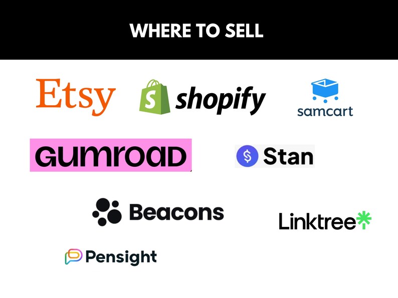 May include: A graphic with the text "WHERE TO SELL" at the top. Below are logos for various online marketplaces, including Etsy, Shopify, Gumroad, Samcart, Stan, Beacons, Linktree, and Pensight.