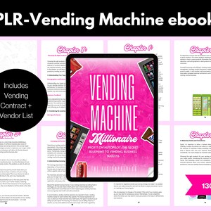 May include: A pink and white ebook cover with the title "Vending Machine Millionaire: Profit on Autopilot, The Secret Blueprint to Vending Business Success". The cover also includes the text "130 Pages".