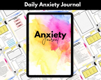 Könnte beinhalten: Ein digitales Tablet zeigt einen bunten Aquarellhintergrund mit dem Text "Anxiety Journal". Das Tablet ist von mehreren Seiten eines druckbaren Angsttagebuchs umgeben, mit Abschnitten für tägliche Angstprotokolle, Bewältigungsmechanismen und ein Gebet.