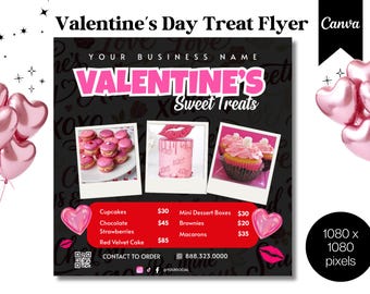 Valentine’s Day Sweet Treats Flyer Template | Bakery Dessert Menu Flyer for Bakers & Home Bakers | Editable Canva Valentine Flyer
