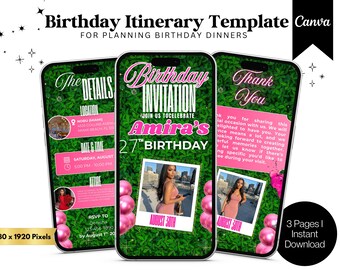 Digital Birthday Itinerary Template | Editable Birthday Dinner Schedule | Canva Birthday Invitation