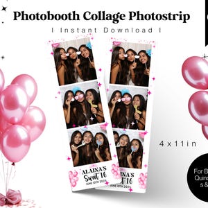 Pink Stars Photo Booth Strip Template: Sweet 16, Quinceanera (Canva Editable, Digital Download)