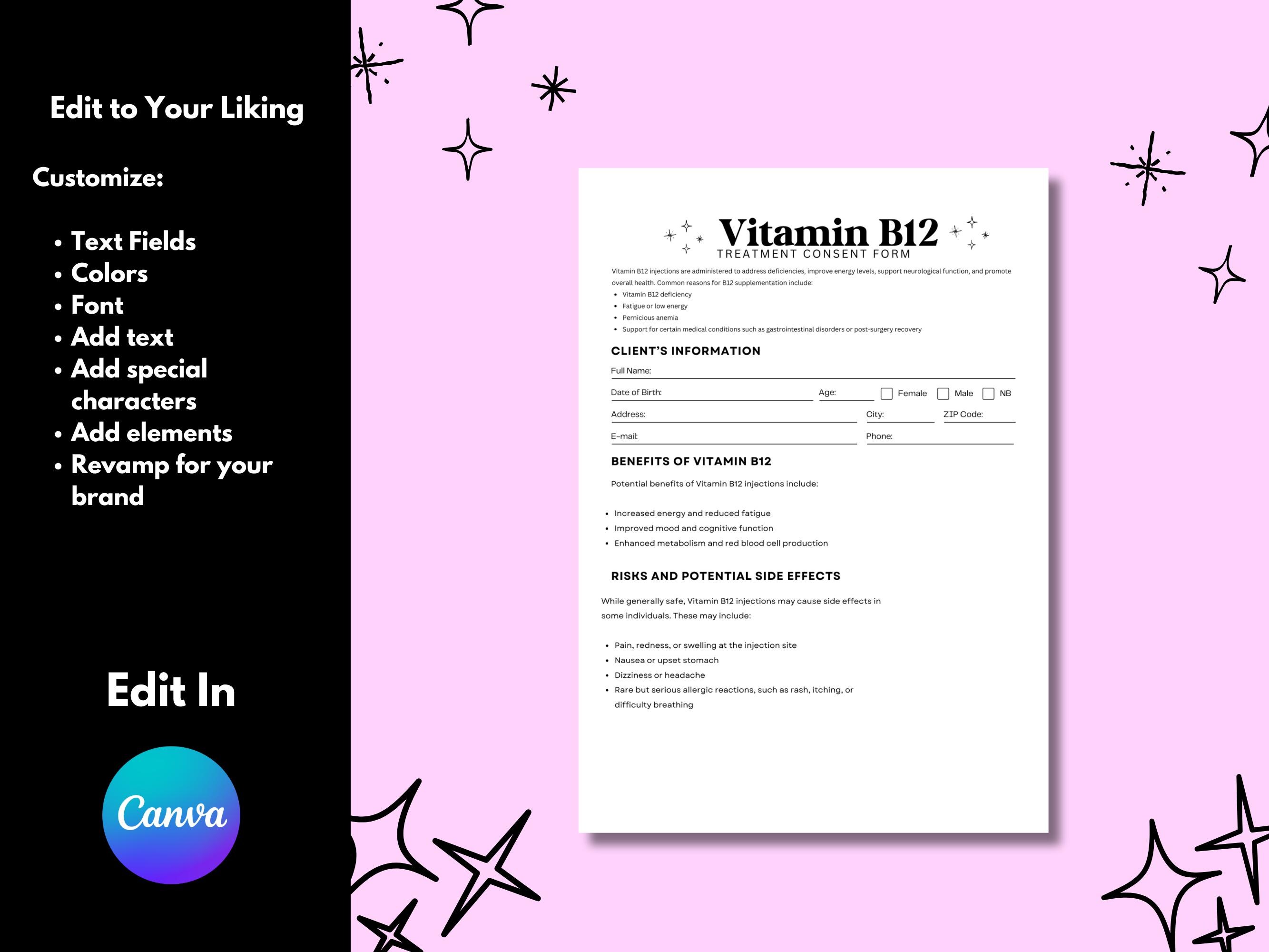 is taking b12 injections dangerous Editable Vitamin B12 Injection Consent Form Template | Printable Medical  Form for Clinics, Med Spas, and Wellness Centers, Canva Template