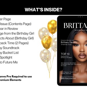 May include: A magazine cover with a gold and black colour scheme. The cover features a woman with dark skin and a glamorous makeup look. The magazine title is "Brittany's 25th Birthday Bash".