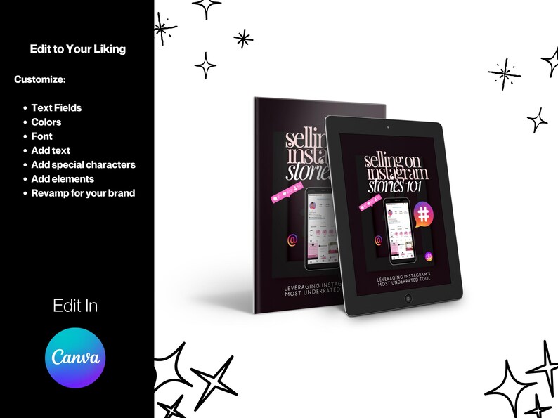 May include: Two digital guides on how to sell on Instagram stories. The guides are titled "Selling on Instagram Stories 101" and "Leveraging Instagram's Most Underrated Tool".
