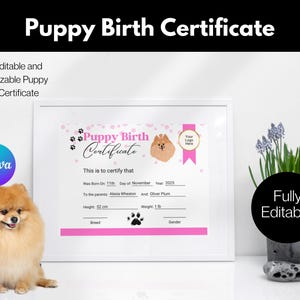 Editable Puppy Birth Certificate Template – Cute Design in 4 Colors, Customizable in Canva, Perfect for Pet Parents, Breeders & Shelters