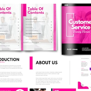 May include: A customer service training manual with a pink and white design. The cover features the title "Customer Service Training Manual" and the names "Anidi + Idosu". Inside, the manual covers topics like "Table of Contents" and "Introduction to Customer Service".