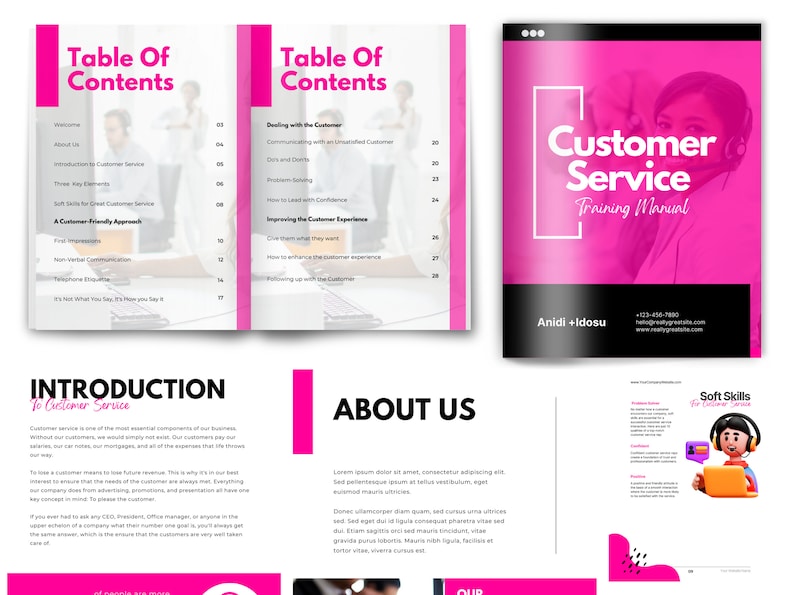 May include: A customer service training manual with a pink and white design. The cover features the title "Customer Service Training Manual" and the names "Anidi + Idosu". Inside, the manual covers topics like "Table of Contents" and "Introduction to Customer Service".