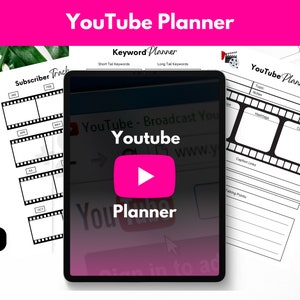 Planejador de estratégia de conteúdo do YouTube - download digital, organizador de palavras-chave de vídeo, rastreamento de mídia social, guia de sucesso de vlogging