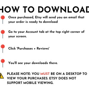 May include: A red and white warning sign with an exclamation point inside a triangle. The text reads: "PLEASE NOTE: YOU MUST BE ON A DESKTOP TO VIEW YOUR PURCHASES. ETSY DOES NOT SUPPORT MOBILE VIEWING."
