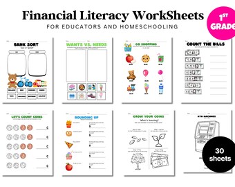 1st Grade Financial Literacy Worksheets, 1st Grade Money Lessons, Banking, Saving & Earning Money, Jobs, Debit and Credit Cards