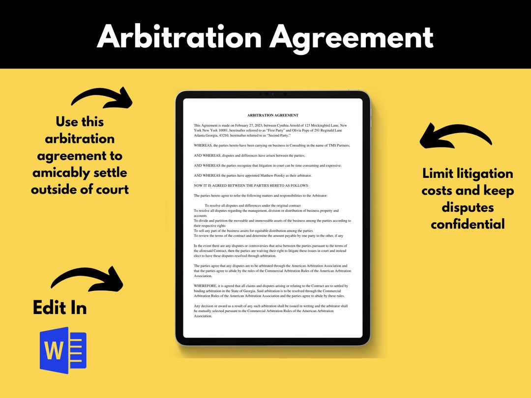 Arbitration Agreement Template: Business Legal Document (microsoft Word ...