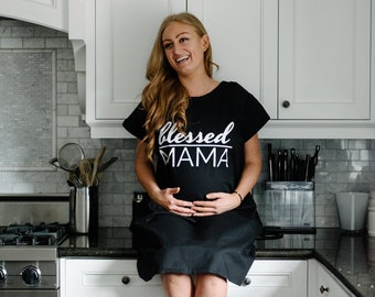Blessed Mama (Black) Maternity/Hospital Gown | Pregnancy, Labor, Nursing Dress with Snaps