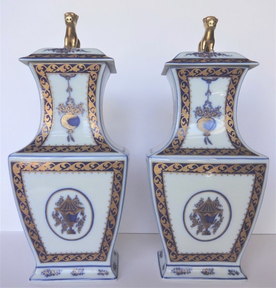 Mottahedeh Foo Dog Urns Vases Blue White Gold Lowestoft Tall Etsy