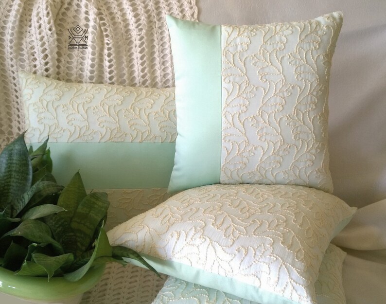 Light green pillow Embroidered Mint green pillow Floral Throw Etsy