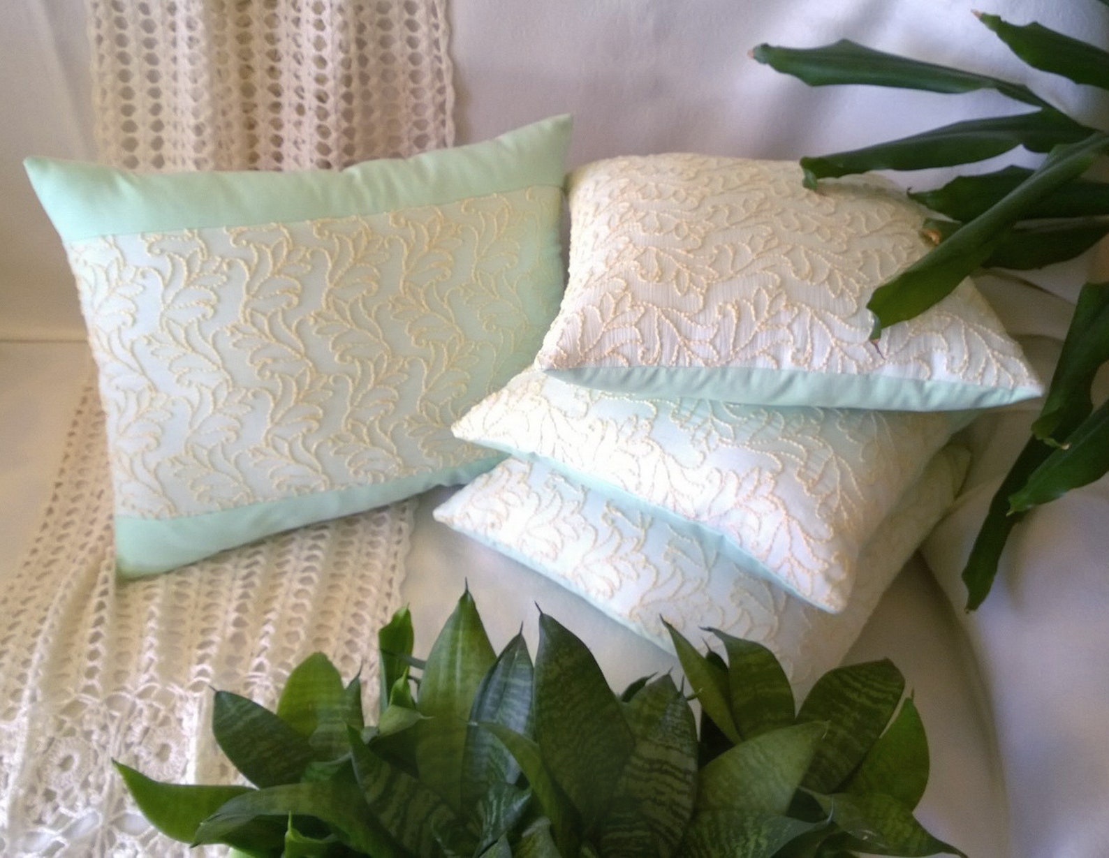Light green pillow Embroidered Mint green pillow Floral Throw Etsy