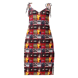 May include: A sleeveless midi dress featuring a repeating grid pattern of various Phish album covers and imagery. The dress has a V-neckline, thin adjustable tie-shoulder straps, and a side slit. The overall color palette is dominated by red, black, and white.