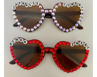 Gafas de sol con diamantes de imitación en forma de corazón marrón de vaquero japonés/Ween Demon Sweat, gafas de fiesta, gafas de concierto