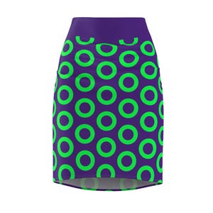 May include: A purple skirt with a green circle pattern.