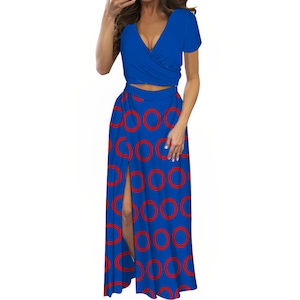 Phish Donut Blue Two Piece V-Neck Crop Top and Long Skirt Set, Phish Skirt Women