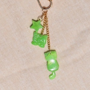 Cute Cat Bag Charm Key Chain in Gold and Green