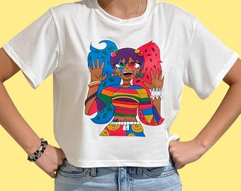 Unique Colorful Illustration Cropped T-Shirt, Women's Graphic Tee