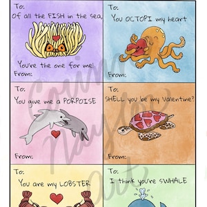 6 Ausdrucke Valentinstag Karten/ Ocean Animals