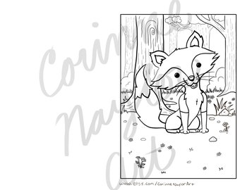 May include: A black and white line drawing of a fox in a forest setting. The fox is sitting on the ground with its tail curled around its body. There are trees and flowers in the background.