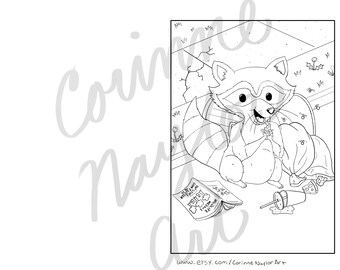 May include: A black and white line drawing of a raccoon sitting on a bed of leaves, eating a flower. The raccoon is wearing a backpack and has a book titled "The Little Prince" next to it.