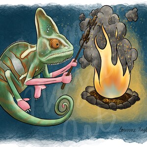 May include: A green chameleon with pink feet is holding a stick over a campfire. The chameleon is roasting insects over the fire. The background is a dark blue with a watercolor effect.