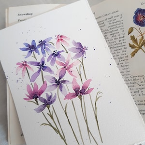 Originele botanische aquarel, Pinks en paarse bloemen aquarel postkaart, Floral aquarel postkaart.