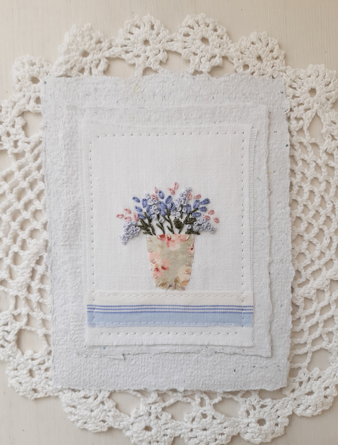 Hand Sewn Floral Postcard Pot of Flowers Picture Stitched Etsy