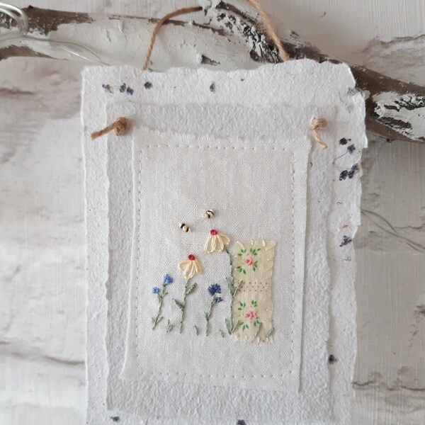 Pretty hand stitched floral hanging, Summer time embroidered picture hanging,Decorative Hand embroidery