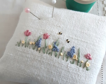 Had embroidered lavender pin Cushion/ pillow, Pretty hand stitched pin Cushion, Floral lavender pillow