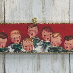 Choir Boys * Christmas Tree Ornament * Vintage Card Image * Wood and Glitter * Holiday Decoration C963