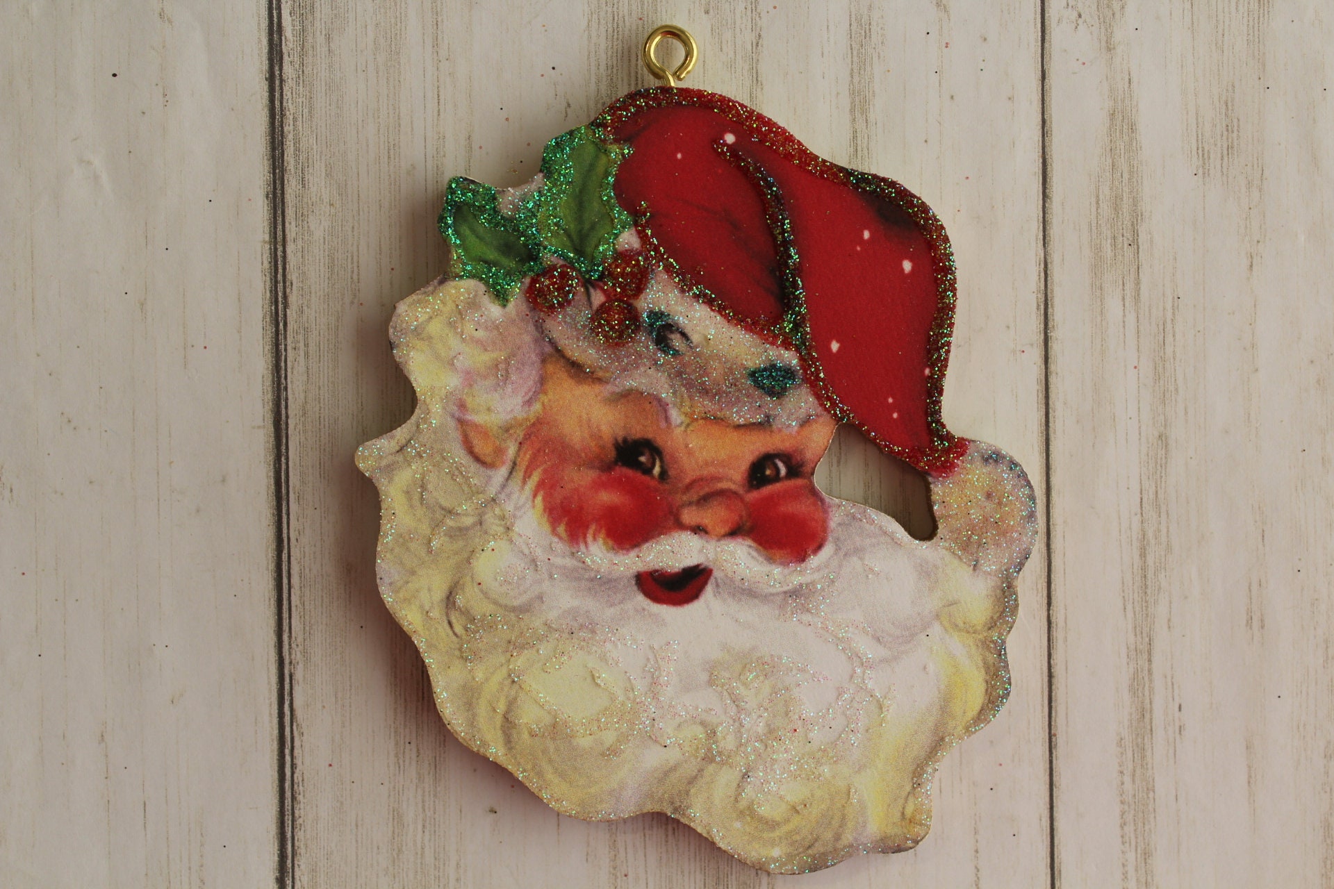 Santa JOY ~ Christmas Ornament ~ Vintage Card Image ~ Glitter and Wood ~ Holiday Tree Decoration C304