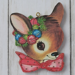 Cute Deer with Pink Bow ~ Christmas Ornament ~ Vintage Card Image ~ Glitter and Wood ~ Holiday Tree Decoration C291