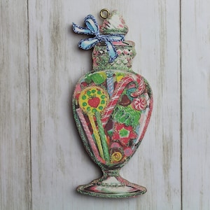 Jar of Christmas Candy * Christmas Tree Ornament * Vintage Card Image * Wood and Glitter * Holiday Decoration C248
