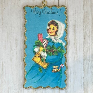 Christmas Lady #19 ~ Christmas Ornament ~ Vintage Card Image ~ Glitter and Wood ~ Holiday Tree Decoration C597