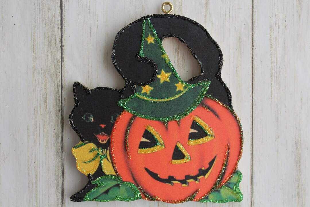 Black Cat and Jack O Lantern Glittered Halloween Ornament Vintage Card ...