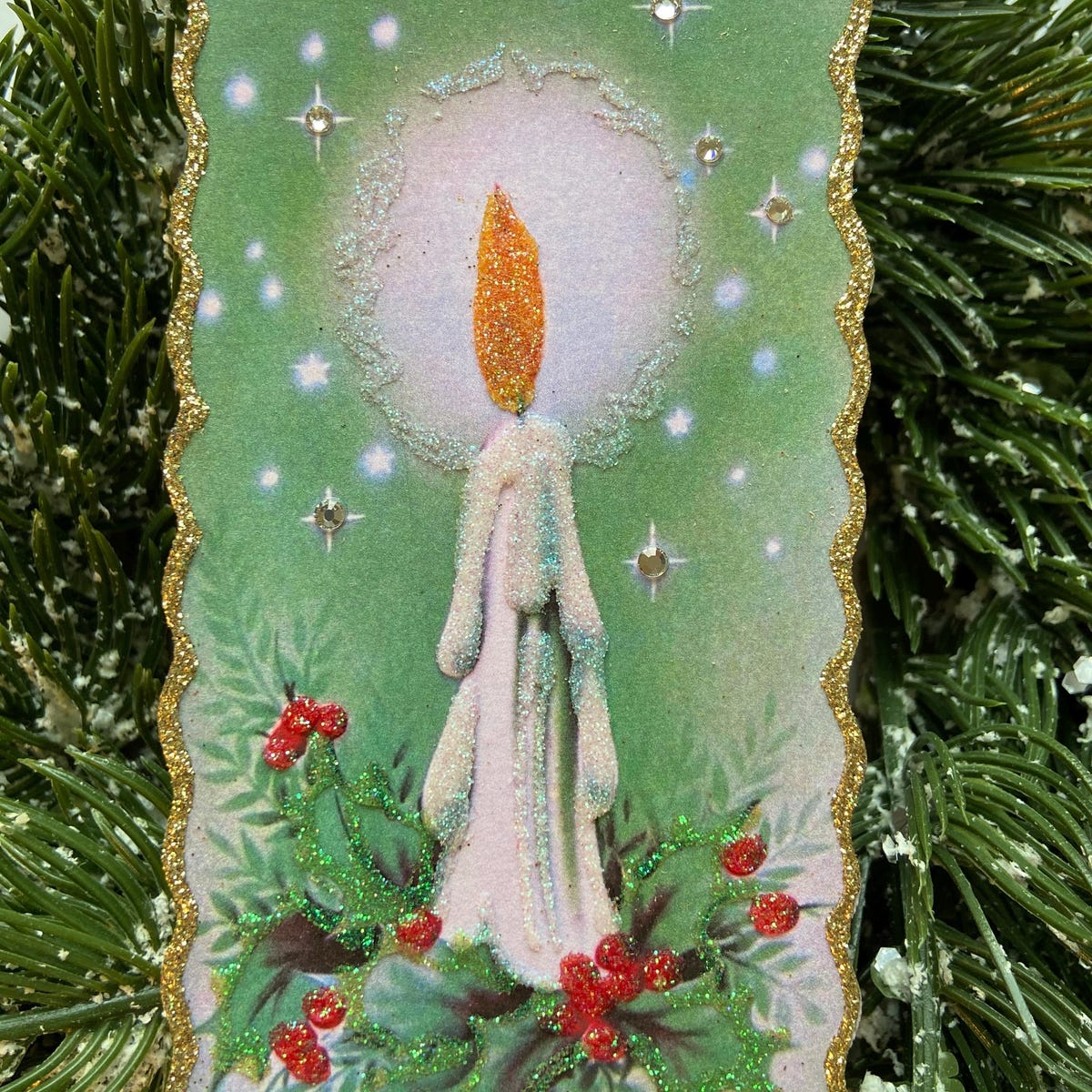 Beautiful Candle ~ Christmas Ornament ~ Vintage Card Image ~ Glitter and Wood ~ Holiday Tree Decoration C1271 - Etsy