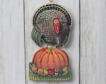 Turkey Standing on Pumpkin ~ Glittered Thanksgiving Ornament ~ Vintage Card Image ~ Wood and Glitter ~ Holiday Tree Decoration T3